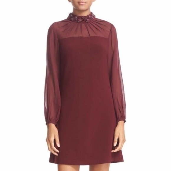 Ted Baker Cacey Embellished Neck Sheer Long Sleeve Maroon Sheath Dress - Picture 1 of 11